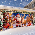 Cute Santa Claus Reindeer Christmas Garage Door Banner 7x16 FT, Large 2-Car Winter Wonderland Outdoor Wall Mural Backdrop, Funny Holiday Hanging Cover Sign Decoration for House Exterior Party - Image 3