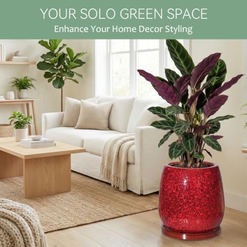 10.3 Inch Ceramic Glaze Plant Pot with Saucer, Flower Pots with Drainage Hole Mesh Net (Spot Red) - Image 2