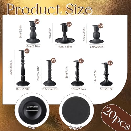 Mumufy 20 Pcs Matte Candlestick Holders, Metal Wedding Taper Candle Holders Vintage Candles Stand Set, Candle Stick Decor for Mantel Table Centerpiece Wedding Dining Table Decor Mantelpiece (Black) - Image 2