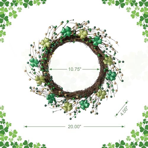 Glitzhome 20" St.Patrick's Shamrock Berry Wreath, Artificial Wreaths Garland for Holiday Front Door Wall Window Party Decor - Image 2