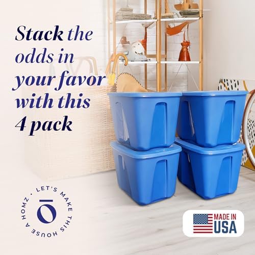 HOMZ 4-Pack Durable Molded Bin, Plastic Storage Containers w/Lids, 18 Gallon, Blue - Stackable Organizer Totes and Boxes for Bedroom, Kitchen, and Garage Organization - Image 2