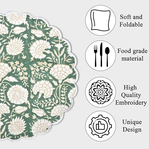 Ridhi Floral Block Print Round Placemats 15" in, Set of 4, Moss Green - Image 5