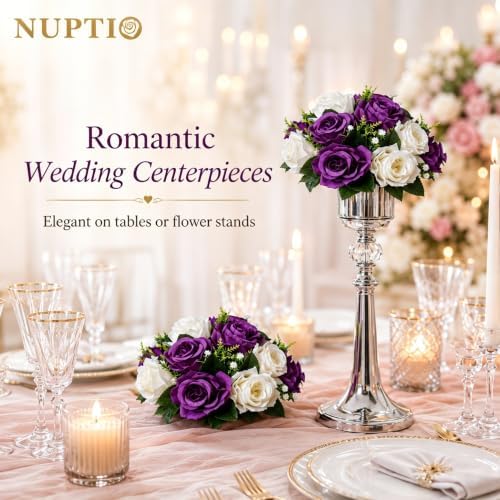 NUPTIO Flower Balls Centerpieces for Tables: 6 Pcs Purple White Fake Roses - Image 6