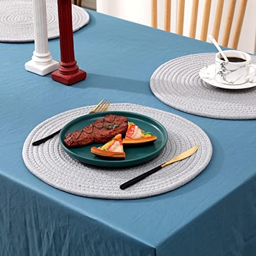 6 Pack Cotton Woven Placemats, 13.8 inches Round Plate Chargers Grey Thick Placemat Set Cotton Rope Braided Tablemats Rattan Tablemats Rustic Weave Placemats for Dining Table - Image 4