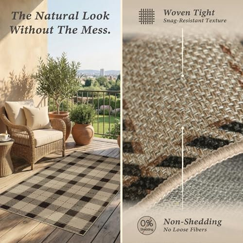 Easy Jute Area Rug 5x7, Black & Tan Plaid Rug, Washable Indoor Outdoor Farmhouse Rug for Living Room, Entryway, Bedroom, Patio & Covered Porch, Low Pile Non Slip - Image 4