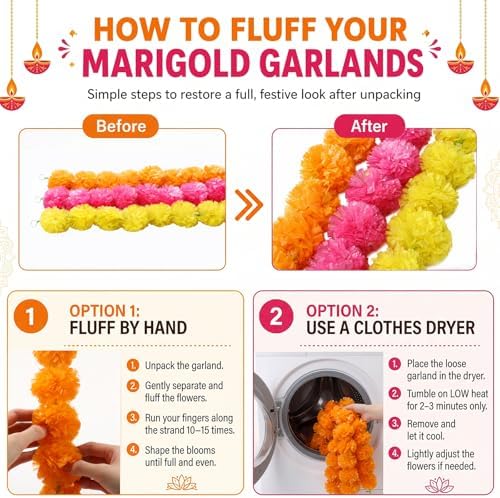 Knitgrip 5 Pcs Marigold Garland Pink Yellow Orange with 12 Hooks Indian - Image 3