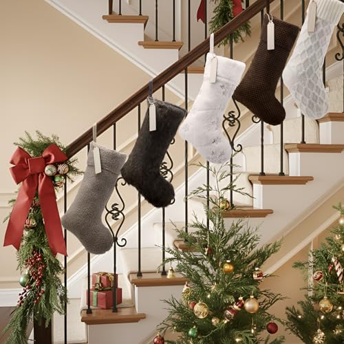 8 Pcs Neutral Christmas Stockings Set, 20'' Farmhouse Plush Faux Fur & 18'' Earth Tones Brown Cable Knitted Fireplace Xmas Stockings with Name Tags for Family Holiday Decor - Image 6