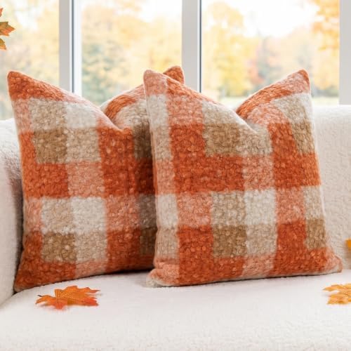 Fall Orange Plaid Euro Sham Pillow Covers 26x26 Set of 2, Cozy Fall Decor by JOJOGOGO