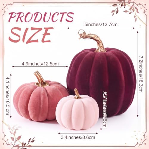 Bucherry 3 Pcs Velvet Pumpkin Decor Set 3D Foam Pumpkin, Pink - Image 2