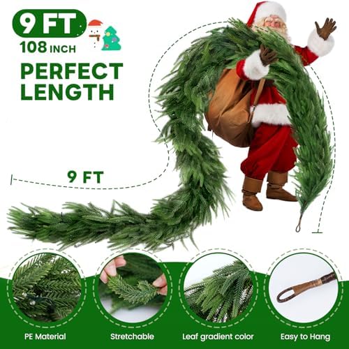 9 FT Artificial Norfolk Pine Garlands with Lights, Pre-Lit Christmas Garland, Real Touch Pine Artificial Faux Greenery Garland for Table, Mantle, Wall, Indoor, Outdoor Christmas Decorations - Image 4