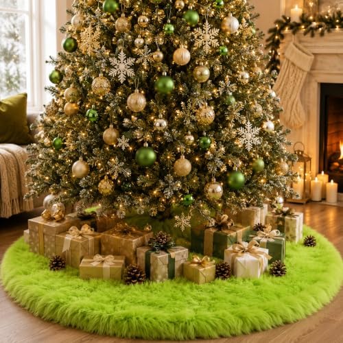 AOGU 60 Inch Faux Fur Christmas Tree Skirt Green Plush Skirt for Merry Christmas Party Christmas Tree Decoration - Image 2