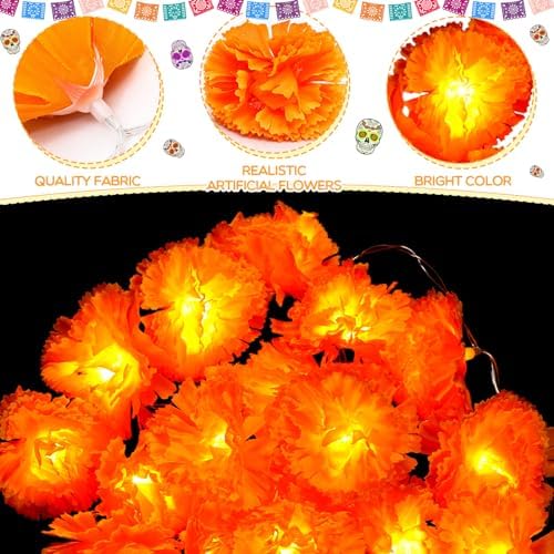 Retisee 4 Pcs Marigold Garland Lights 9.8ft 20 LED Artificial Flowers - Image 3