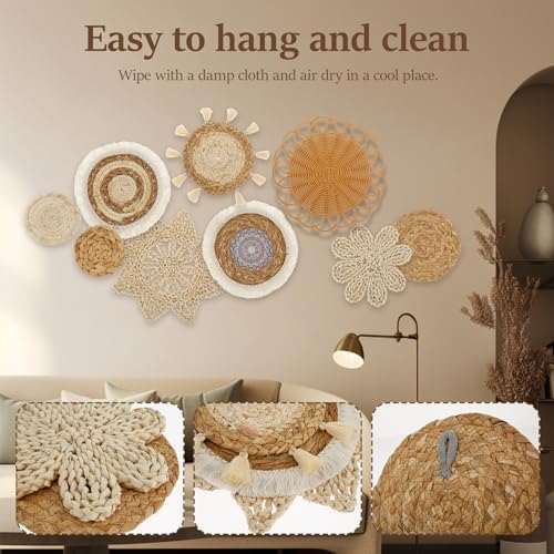 9 Pcs Boho Wall Basket Decor, Rattan Wicker Boho Wall Decor, Hanging Woven Basket Wall Decor, Round Handmade Wall Art for Living Room Bedroom Display Table Settings Home Christmas Decoration (Wood) - Image 6