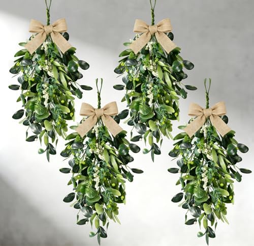 22" Eucalyptus Wreaths for Front Door 4 PCS Greenery Teardrop Swag Spring Summer Wreath with Eucalyptus Olives Leaves Mixed Berry for Farmhouse Home Porch Wall Window Festival Wedding Decor by EYNDYN