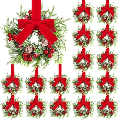 Dingion 18 Pcs Mini Christmas Kitchen Cabinet Wreath, Pine Berries Snowy by Dingion