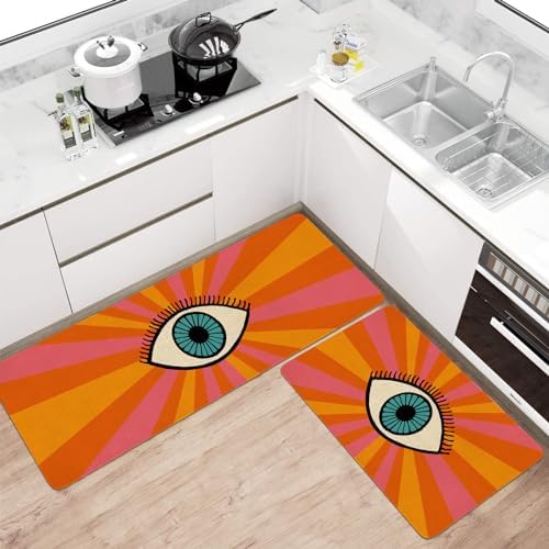 Boho Kitchen Mat Set of 2,Rainbow Evil Eye Print Abstract Kitchen Rugs and Mats Non Skid Washable,Modern Farmhouse Runner Rugs with Rubber Backing for Kitchen Decor (17"x47"+17"x30") - Image 2