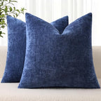 decorUhome Fall Chenille Dark Blue Throw Pillow Covers 24x24 Inch Set of 2, Decorative Soft Couch Pillow Covers Solid Dyed Accent Euro Sham Farmhouse Neutral Square Pillow Cases for Sofa by decorUhome