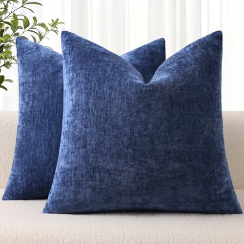 decorUhome Fall Chenille Dark Blue Throw Pillow Covers 26x26 Inch Set of 2, Decorative Soft Couch Pillow Covers Solid Dyed Accent Euro Sham Farmhouse Neutral Square Pillow Cases for Sofa by decorUhome