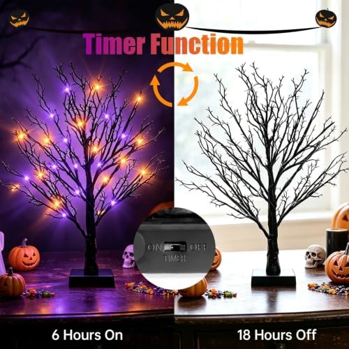 Halloween Decor Indoor, 2 Pack 24 Inch Black Halloween Tree Set, 48 Orange & Purple LED Lights, USB & Battery Powered Tabletop Spooky Twig Trees with 6H Timer, Creepy Halloween Decorations for Mantels - Image 2