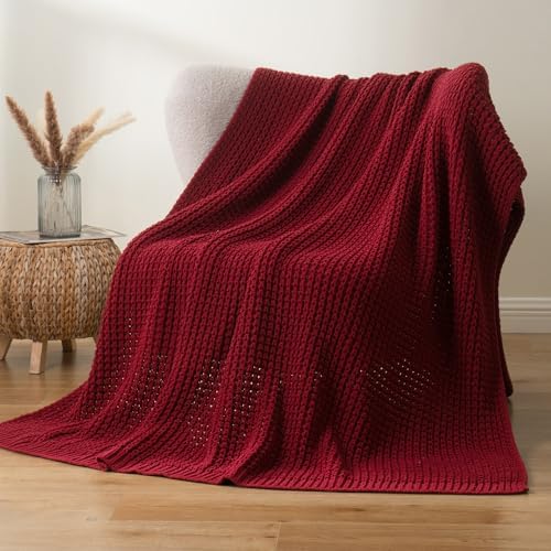 Red Throw Blanket for Couch, Soft Cozy Knit Waffle Throw Blanket 50"x60" - Image 3