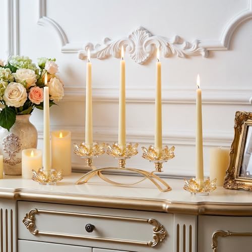 Crystal Lotus Taper Candle Holders, 3 Arms Metal Crystal Candlesticks, Decorative Flower-Shaped Candle Holders for Dining Table Centerpiece, Wedding, Home & Holiday Decor (Gold, 3 Arm) - Image 5