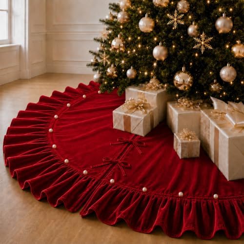 Christmas Tree Skirt,Velvet Tree Skirt with Ruffled Edge with Pearls, Classic Large Velvet Fur Plush Tree Skirt for Merry Christmas(Red,60Inch) by DegGod