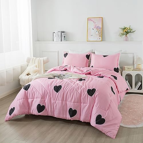 Caressma Pink Comforter Set King Size Black Heart Set 3pcs with Pillowsham - Image 2