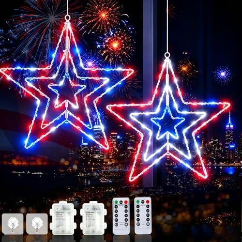 2 Pcs 4th of July Window Decorations Lights, 13.8In Red White and Blue Lights Patriotic Star Light Battery Operated with Timer & 8 Modes 4th of July Decorations Indoor for Home Porch by LAIAMER