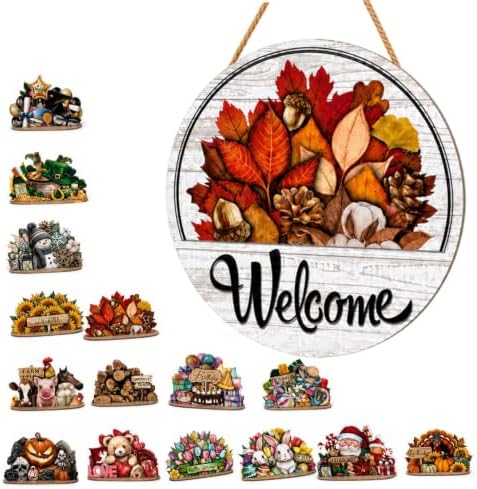 16 PCS Interchangeable Welcome Sign for Front Door, 12 Inch Wood Decor by Unknown