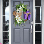 Easter Cross Wreath with Burlap Bow, Easter Door Wreath with Burlap Bow Swag Bowknot Rustic Farmhouse Spring Lily Wreath Easter Decorations for Hanging Door Decor (16IN Num.01) - Image 2