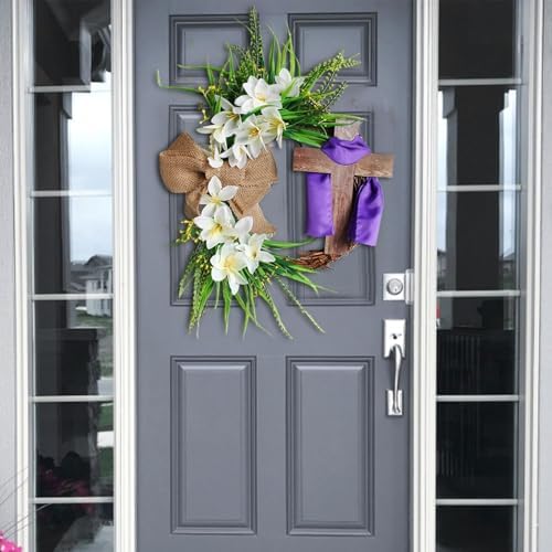 Easter Cross Wreath with Burlap Bow, Easter Door Wreath with Burlap Bow Swag Bowknot Rustic Farmhouse Spring Lily Wreath Easter Decorations for Hanging Door Decor (16IN Num.01) - Image 2