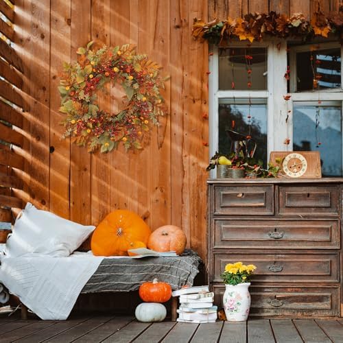 22 inch Artificial Fall Wreaths for Front Door,Autumn Wreath with Pumpkin and red Berries Suitable for Indoor Outdoor Wall Porch Harvest Festival Thanksgiving Day Farmhouse Holiday Decor - Image 4