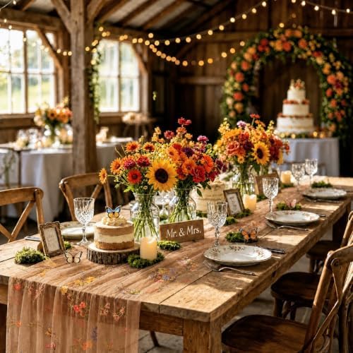 3Pcs Fall Floral Cheesecloth Table Runner, Brown Table Runner 10Ft - Image 2