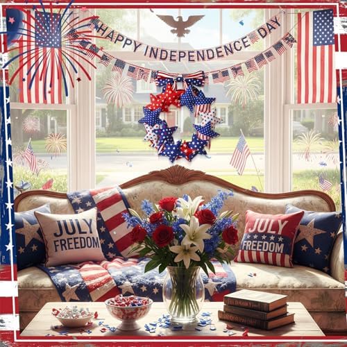 Suncalla 4th of July Door Wreath Patriotic Wreath 11.8 Inch Red White Blue Decoration Star 250th Anniversary Front Door Decoration with Bow for American Independence Day Decor - Image 3