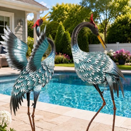 36.8" Metal Crane Statue, Blue Heron Decor Handcrafted by Unknown