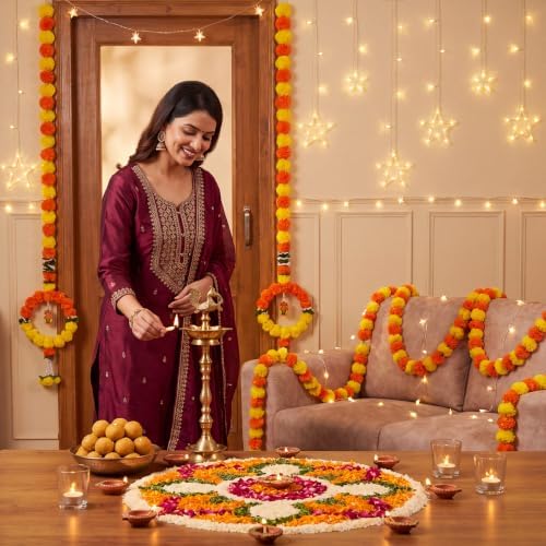 Suncalla 5 Pcs 5 ft Diwali Marigold Garland for Pooja Decor, Orange Yellow - Image 4