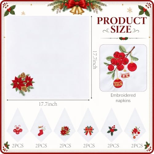 HunnmingRe 12 Pcs Classic Christmas Embroidered Cloth Napkins, 17x17 Inch - Image 2