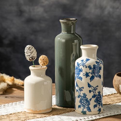3Pcs Vintage Blue White Floral Ceramic Vase Set, Chinoiserie Farmhouse Decor Vases for Home Table Kitchen Living Room by HappleCwlwgoHome