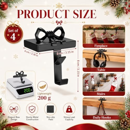 Tudomro 4 Pcs 2 in 1 Christmas Stocking Holders for Mantel with Black Bow - Image 2