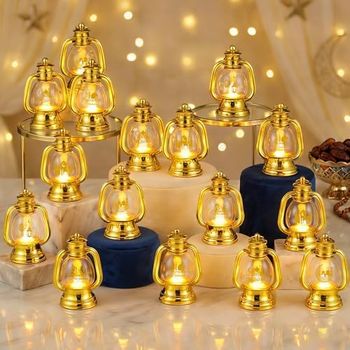 ROCEEI 24 Pcs Ramadan Eid Lantern Mini Gold Lanterns Decorative with LED Candles Small Eid Mubarak Decor Vintage Hanging Lantern Lights for Home Table Centerpiece Party Gift - Image 3