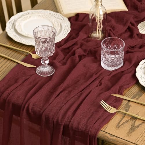 Artoid Mode 6PC Boho Cheesecloth Gauze Burgundy Wedding Table Runner, 120 Inch Seasonal Fabric Kitchen Dining Holiday Table Decor for Home Party Indoor - Image 3