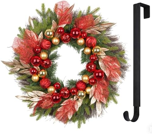 26” Christmas Wreath with Lights Hanger for Front Door Golden Red Balls Gilded Forest Foliage Artificial Evergreen Fir Winter Outdoor Décor Indoor Wall Decorations by YUGALI