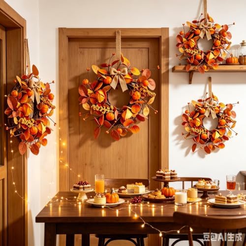 4 Pcs Small Fall Hanging Wreaths with Artificial Autumn Eucalyptus Leaves Mini Pumpkins Berry Clusters Burlap Ribbon Mini Cabinet Wreath for Home Kitchen Farmhouse Thanksgiving Harvest Party Decor - Image 2