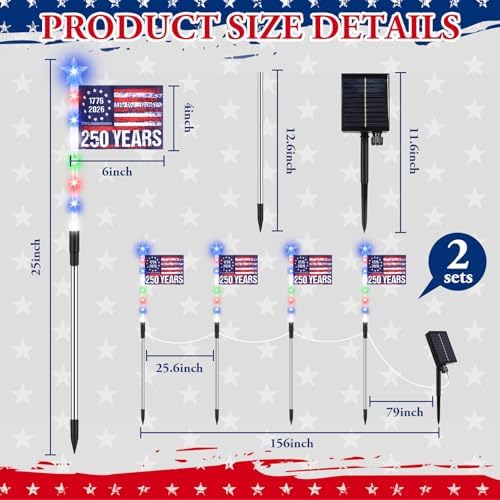 8 Pack Solar American Flag Pathway Lights, Patriotic Red White Blue Outdoor Stake Waterproof LED Lights with 8 Modes, Decorations 4th of July Memorial Day, Independence Day Garden Yard Lawn Decor - Image 3