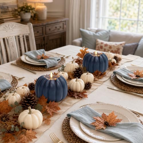 Blue Fall Decor, Fall Decorations for Home, Large Flameless Pumpkin Candle - Image 6