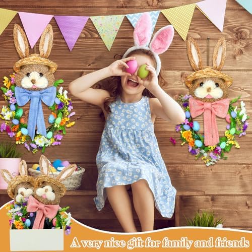 Zeyune 2 Pcs 18.1"x 11.4" Easter Bunny Wreath with Colorful Eggs Artificial Easter Wreath Mixed Flowers Green Leaves Hanging Bunny Shaped with Straw Hat and Bow for Front Door Wall(Bow Bunny) - Image 5