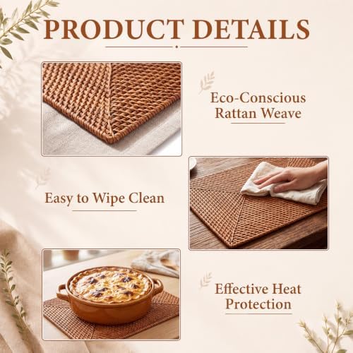 4 Pack Rectangular Rattan Placemats, Natural Woven 19 X 14 Inch - Image 6