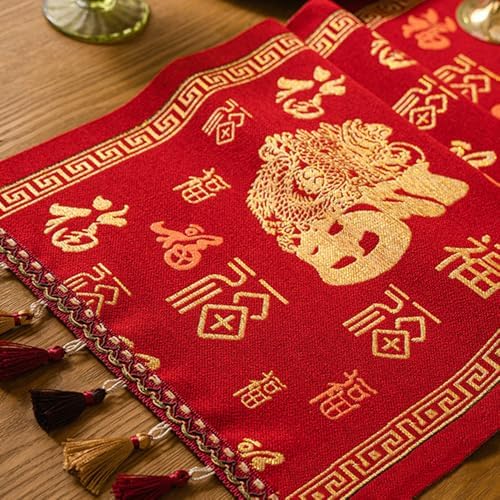 Chinese Red Jacquard Table Runner with Fu Character Festive Tassel Table Cloth Bed Scarf for Lunar New Year Wedding Party Decor (Red, 13 "x70 ) - Image 4