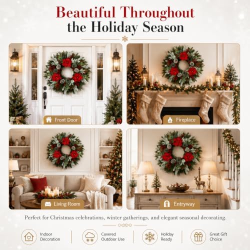 28 Inch Christmas Wreath for Front Door, Frosted Red Magnolia Winter Wreath - Image 6