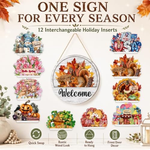 16/14/12PCS Welcome Sign for Front Door Interchangeable Every Season Halloween Christmas with Holiday 12 Inch Wooden Holiday Door Sign Wreaths Seasonal Porch Decor Gift(Set D) - Image 2